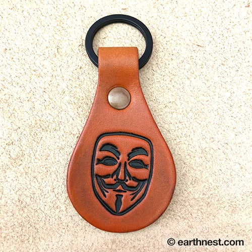 Leather Key Chain with Guy Fawkes mask pattern